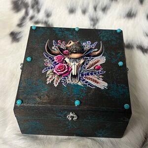 Western Skull Floral Wooden  Trinket Box - Turquoise Accents